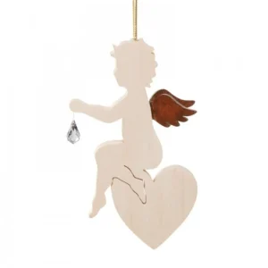 Waldfabrik, photophore en bois et étoile sapin de Noël Ange En Bois D'Erable Avec Un Cristal Swarovski Assis Sur Un Coeur