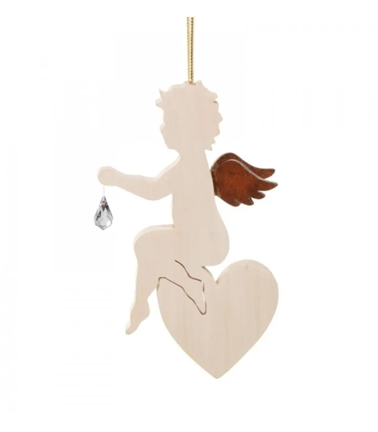 Waldfabrik, photophore en bois et étoile sapin de Noël Ange En Bois D'Erable Avec Un Cristal Swarovski Assis Sur Un Coeur