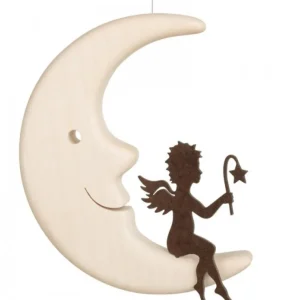 Waldfabrik, photophore en bois et étoile sapin de Noël Ange Metal Assis Sur Une Lune, 12 Cm