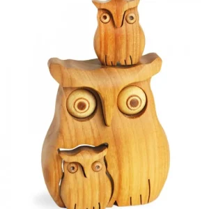 Waldfabrik, photophore en bois et étoile sapin de Noël Chouette En Bois Poli Avec Deux Enfants, 8 Cm