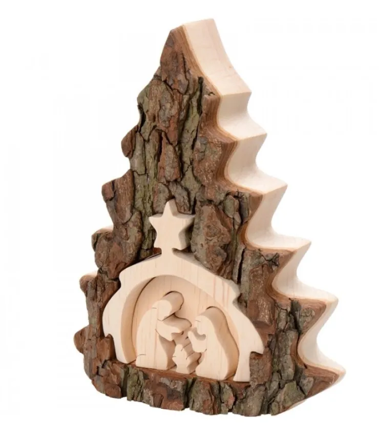 Waldfabrik, photophore en bois et étoile sapin de Noël Crèche De Noël 16 Cm, Taillee Dans Une Ecorce De Bois En Forme De Sapin