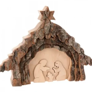 Waldfabrik, photophore en bois et étoile sapin de Noël Crèche De Noël 13 Cm, Taillee Dans Une Ecorce De Bois, Motif Etable