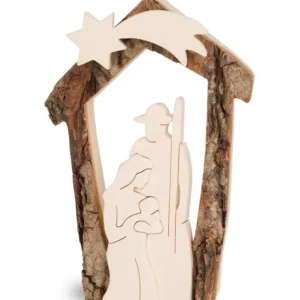 Waldfabrik, photophore en bois et étoile sapin de Noël Crèche De Noël En Ecorce 12,5 Cm, Avec Nativite En Bois D'Erable