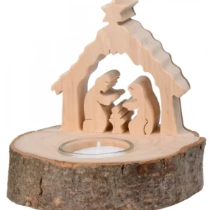 Waldfabrik, photophore en bois et étoile sapin de Noël Crèche De Noël Sur Rondin De Bois Avec Bougeoir