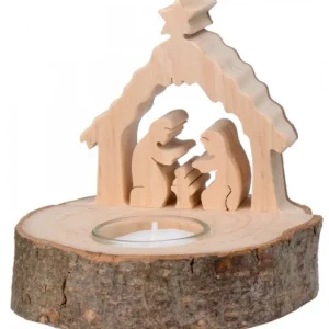 Waldfabrik, photophore en bois et étoile sapin de Noël Crèche De Noël Sur Rondin De Bois Avec Bougeoir