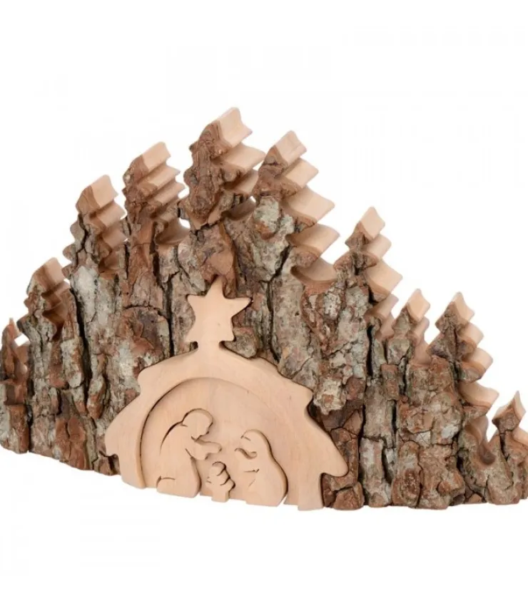 Waldfabrik, photophore en bois et étoile sapin de Noël Crèche De Noël Taillee Dans Une Ecorce De Bois, Motif Etable, 20 Cm