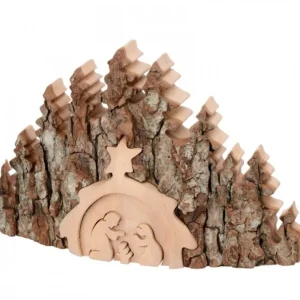 Waldfabrik, photophore en bois et étoile sapin de Noël Crèche De Noël Taillee Dans Une Ecorce De Bois, Motif Etable, 20 Cm