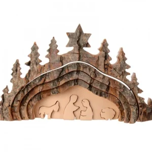 Waldfabrik, photophore en bois et étoile sapin de Noël Crèche De Noël Taillee Dans Une Ecorce De Bois, Motif Grotte, 20 Cm