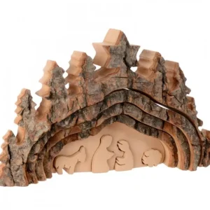 Waldfabrik, photophore en bois et étoile sapin de Noël Crèche De Noël Taillee Dans Une Ecorce De Bois, Motif Grotte, 20 Cm