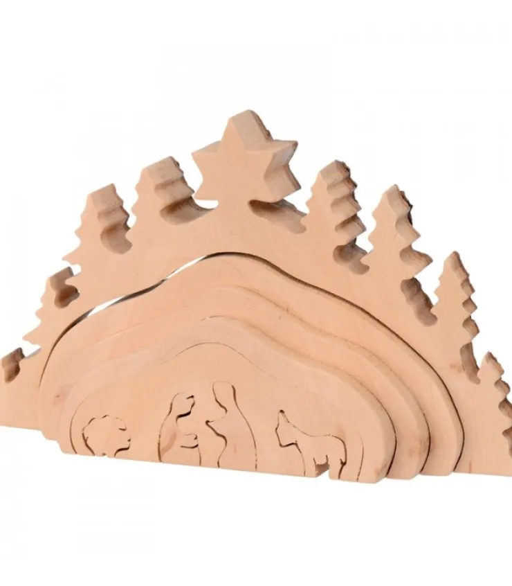 Waldfabrik, photophore en bois et étoile sapin de Noël Crèche De Noël Taillee Dans Une Ecorce De Bois, Motif Grotte, 20 Cm