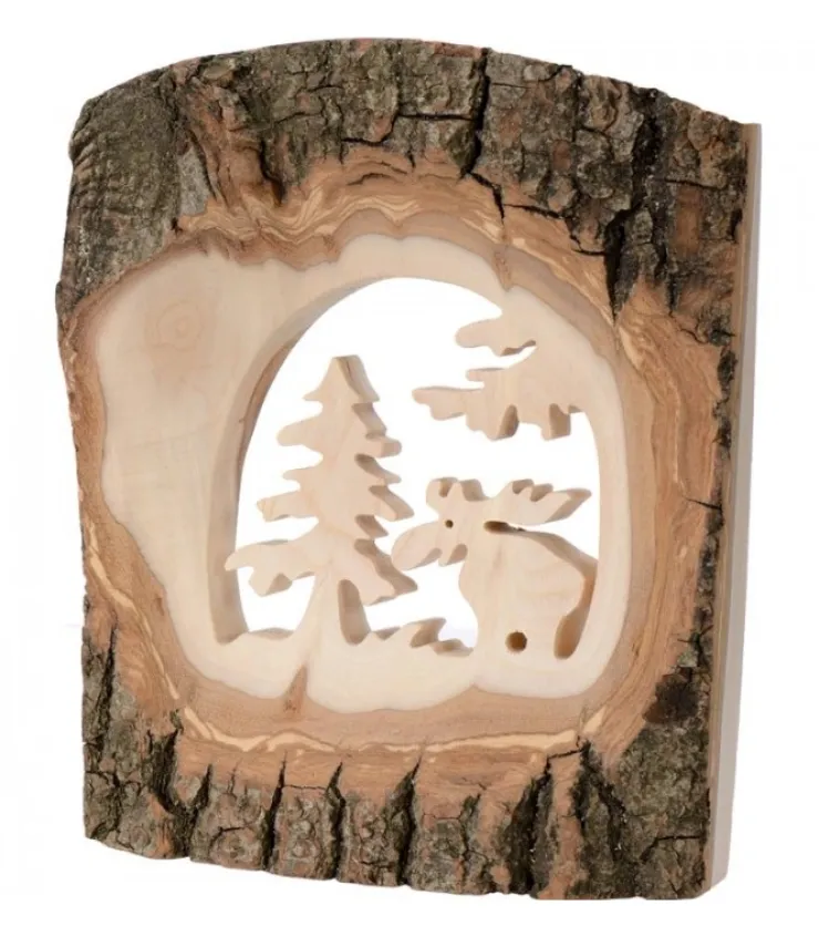 Waldfabrik, photophore en bois et étoile sapin de Noël Déco Bois En Ecorce, Motif Elan Dans La Foret, 18 Cm