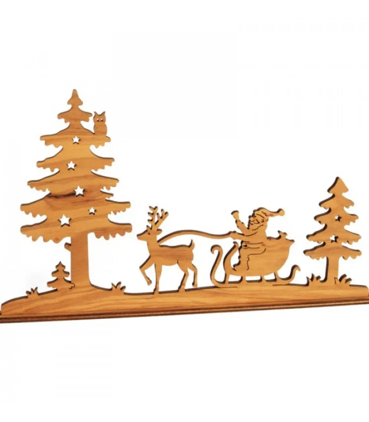 Waldfabrik, photophore en bois et étoile sapin de Noël Diorama En Placage D'Olivier, Père Noël En Traineau Dans La Foret,12 Cm