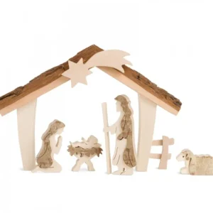Waldfabrik, photophore en bois et étoile sapin de Noël Etable De Bethleem Avec Figurines En Ecorce, 12,5 Cm