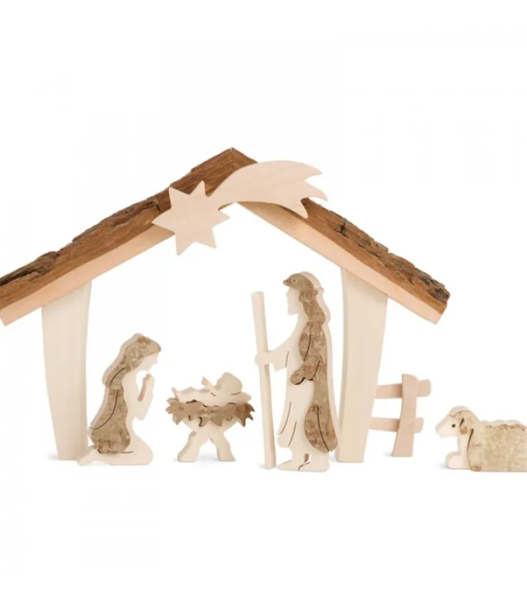 Waldfabrik, photophore en bois et étoile sapin de Noël Etable De Bethleem Avec Figurines En Ecorce, 12,5 Cm