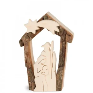 Waldfabrik, photophore en bois et étoile sapin de Noël Petite Crèche De Noël En Ecorce 7,5 Cm, Avec Nativite En Bois D'Erable