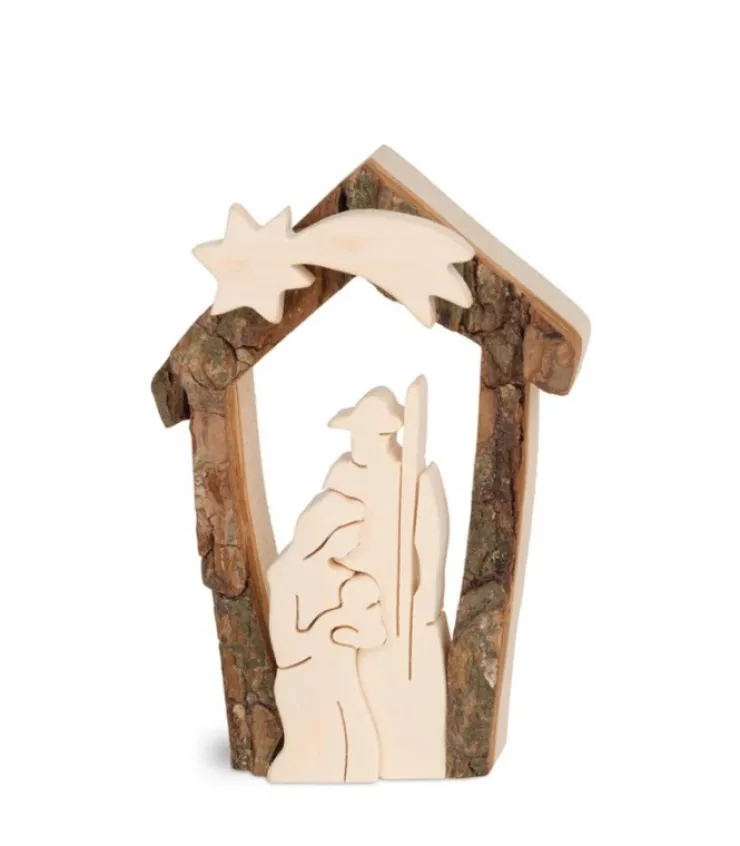 Waldfabrik, photophore en bois et étoile sapin de Noël Petite Crèche De Noël En Ecorce 7,5 Cm, Avec Nativite En Bois D'Erable