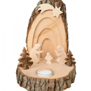 Waldfabrik, photophore en bois et étoile sapin de Noël Petite Crèche De Noël En Ecorce De Bois Avec Sapins Et Bougeoir