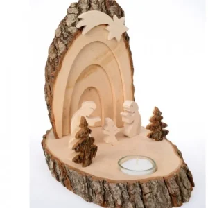 Waldfabrik, photophore en bois et étoile sapin de Noël Petite Crèche De Noël En Ecorce De Bois Avec Sapins Et Bougeoir