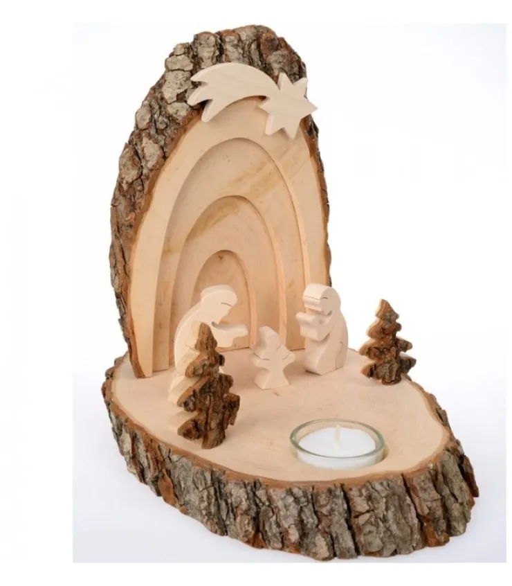 Waldfabrik, photophore en bois et étoile sapin de Noël Petite Crèche De Noël En Ecorce De Bois Avec Sapins Et Bougeoir