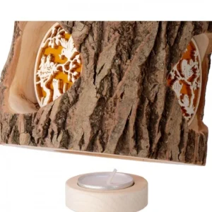 Waldfabrik, photophore en bois et étoile sapin de Noël Photophore En Rondin De Bois, Avec 3 Motifs, Ecureuil, Chat Et Oiseaux