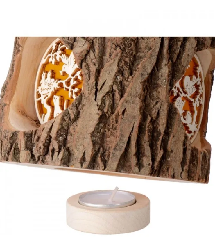 Waldfabrik, photophore en bois et étoile sapin de Noël Photophore En Rondin De Bois, Avec 3 Motifs, Ecureuil, Chat Et Oiseaux