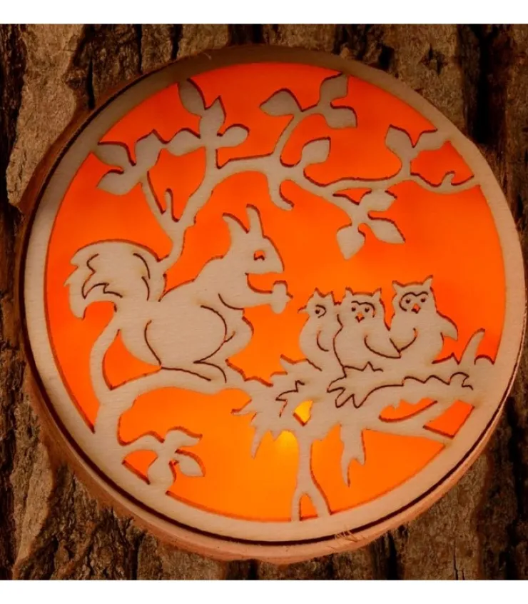 Waldfabrik, photophore en bois et étoile sapin de Noël Photophore En Rondin De Bois, Avec 3 Motifs, Ecureuil, Chat Et Oiseaux