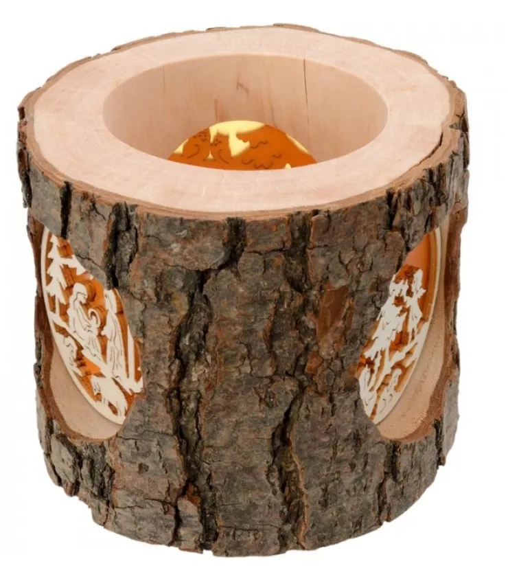 Waldfabrik, photophore en bois et étoile sapin de Noël Photophore Rondin De Bois, Avec 3 Motifs, Crèche, Anges Et Bonhomme De Neige