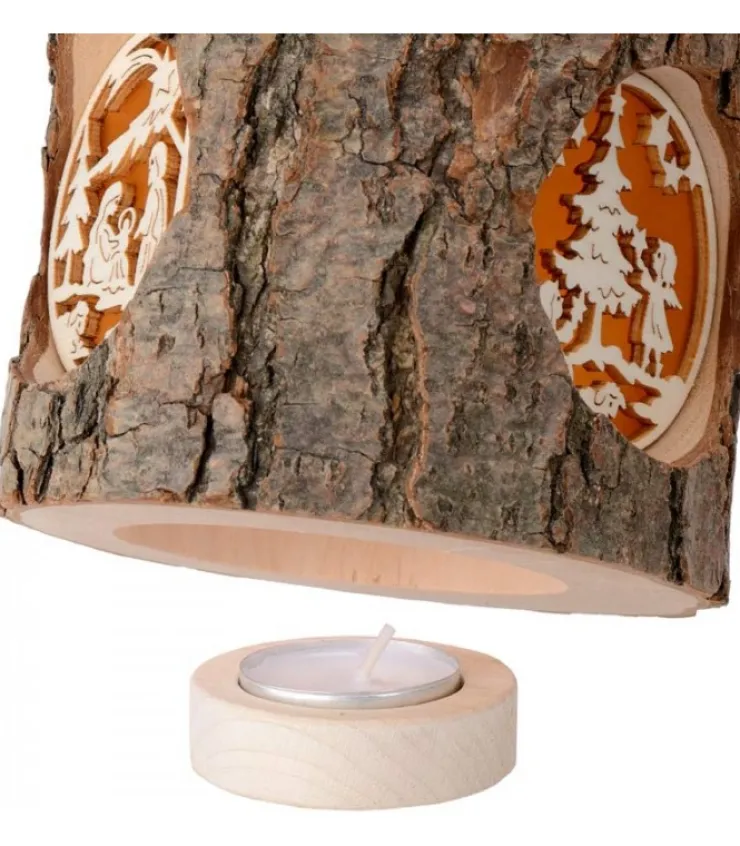 Waldfabrik, photophore en bois et étoile sapin de Noël Photophore Rondin De Bois, Avec 3 Motifs, Crèche, Anges Et Bonhomme De Neige