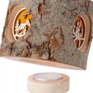 Waldfabrik, photophore en bois et étoile sapin de Noël Photophore Rondin De Bois, Avec 3 Motifs Crèche, Père Noël Et Bougies