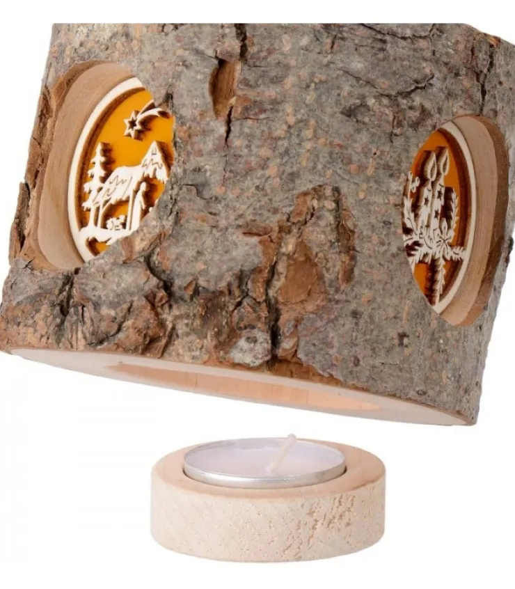 Waldfabrik, photophore en bois et étoile sapin de Noël Photophore Rondin De Bois, Avec 3 Motifs Crèche, Père Noël Et Bougies