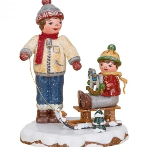Hubrig, figurines pour enfant Village De Noël Miniature, Garcon Et Petit Frere Sur Luge